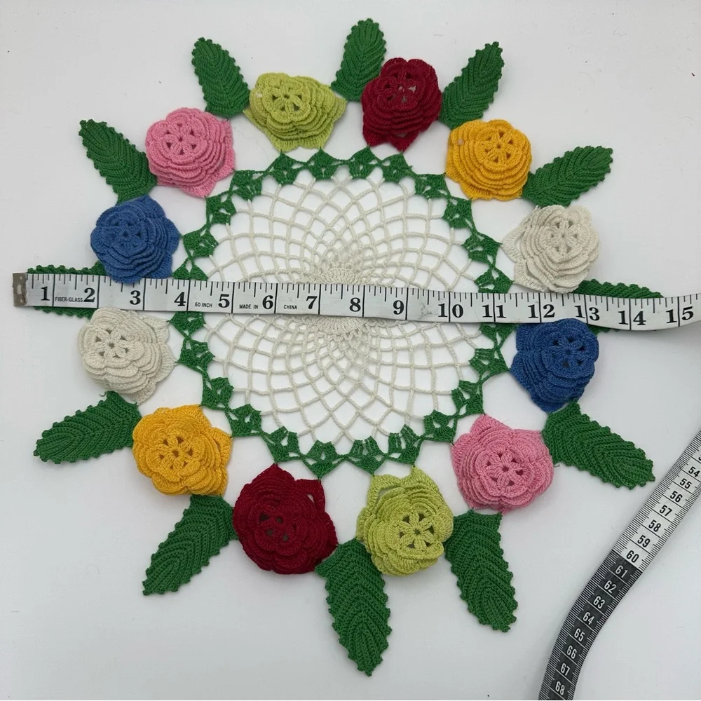 Vintage Hand-Crocheted Doily with 3D Floral Edging – 15
